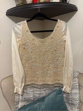 Forecast 1950’s Cream Beaded Scoop Neck Blouse with Sheer Sleeves